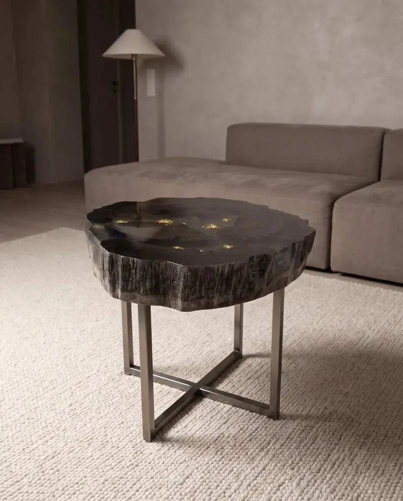 Tables basses - Table basse en chêne noir ancien – 45x58x50 cm – Aurum Orbs - GLASS4CANDLES