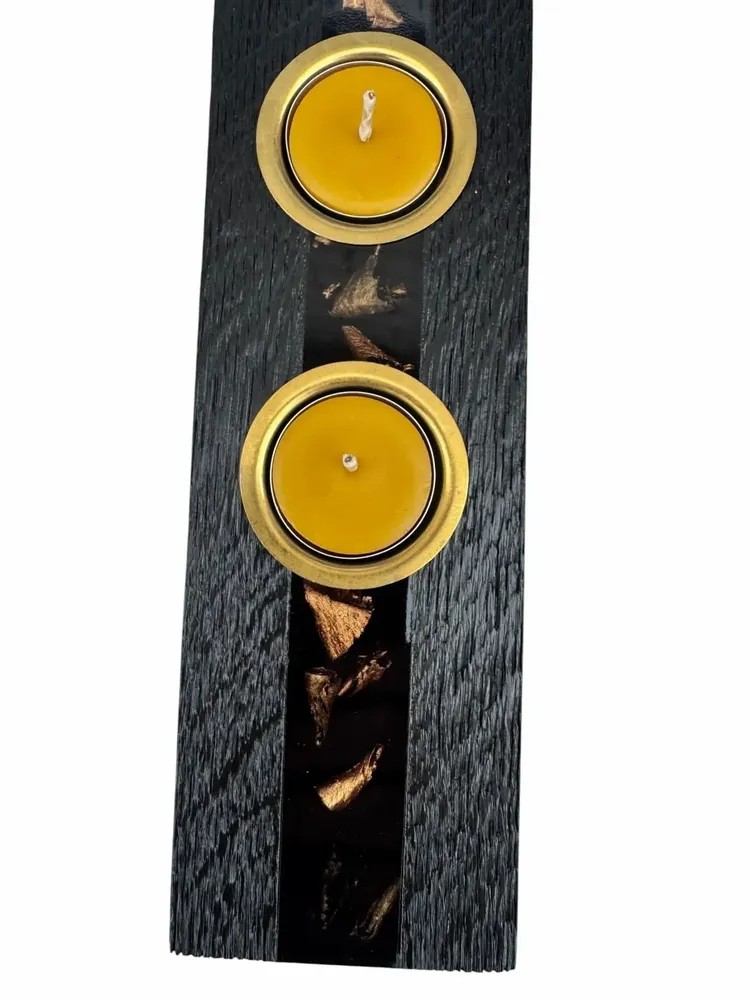 Bougeoirs et photophores  - Bougeoir en chêne noir et métal doré – pour 2 bougies chauffe-plat - GLASS4CANDLES
