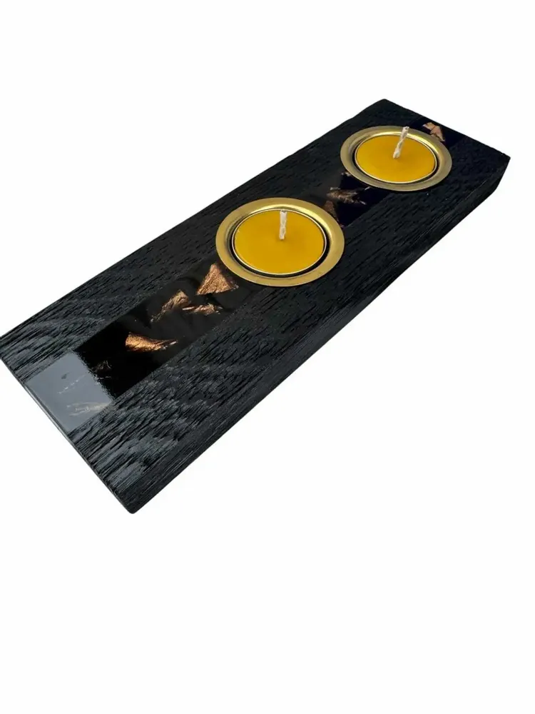 Bougeoirs et photophores  - Bougeoir en chêne noir et métal doré – pour 2 bougies chauffe-plat - GLASS4CANDLES