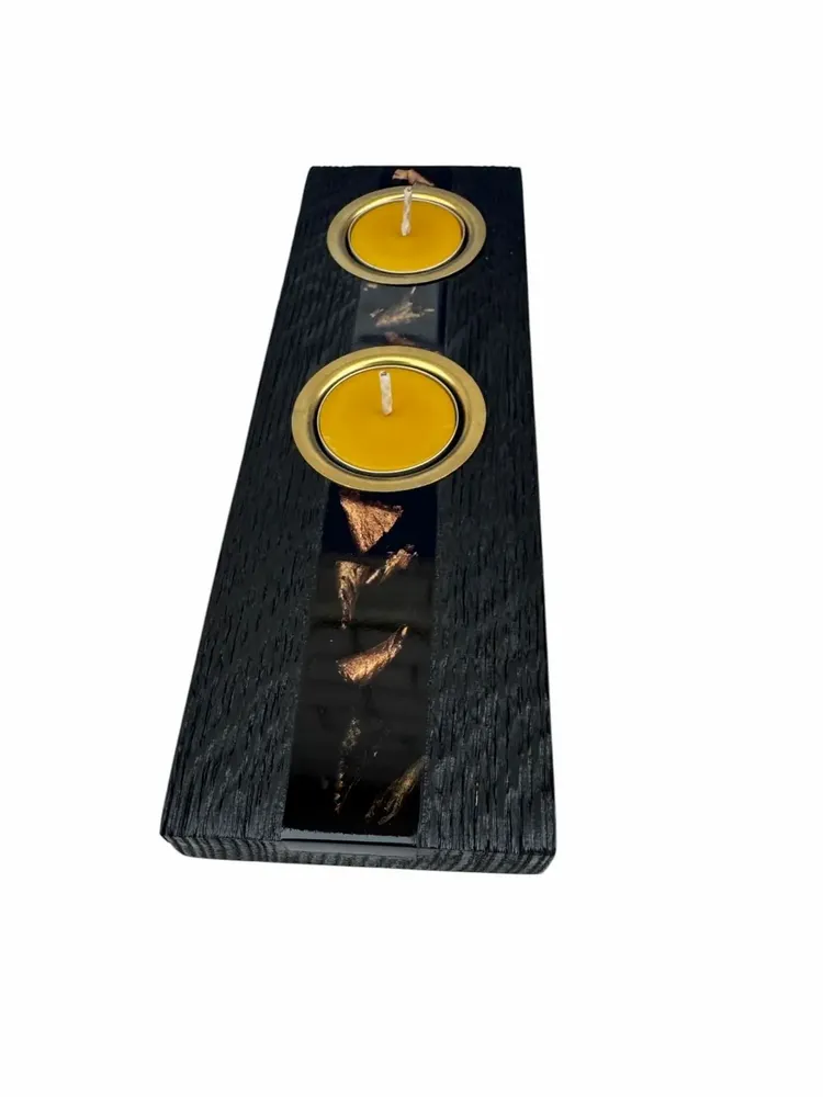 Bougeoirs et photophores  - Bougeoir en chêne noir et métal doré – pour 2 bougies chauffe-plat - GLASS4CANDLES