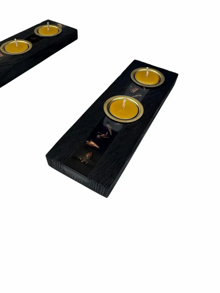 Bougeoirs et photophores  - Bougeoir en chêne noir et métal doré – pour 2 bougies chauffe-plat - GLASS4CANDLES