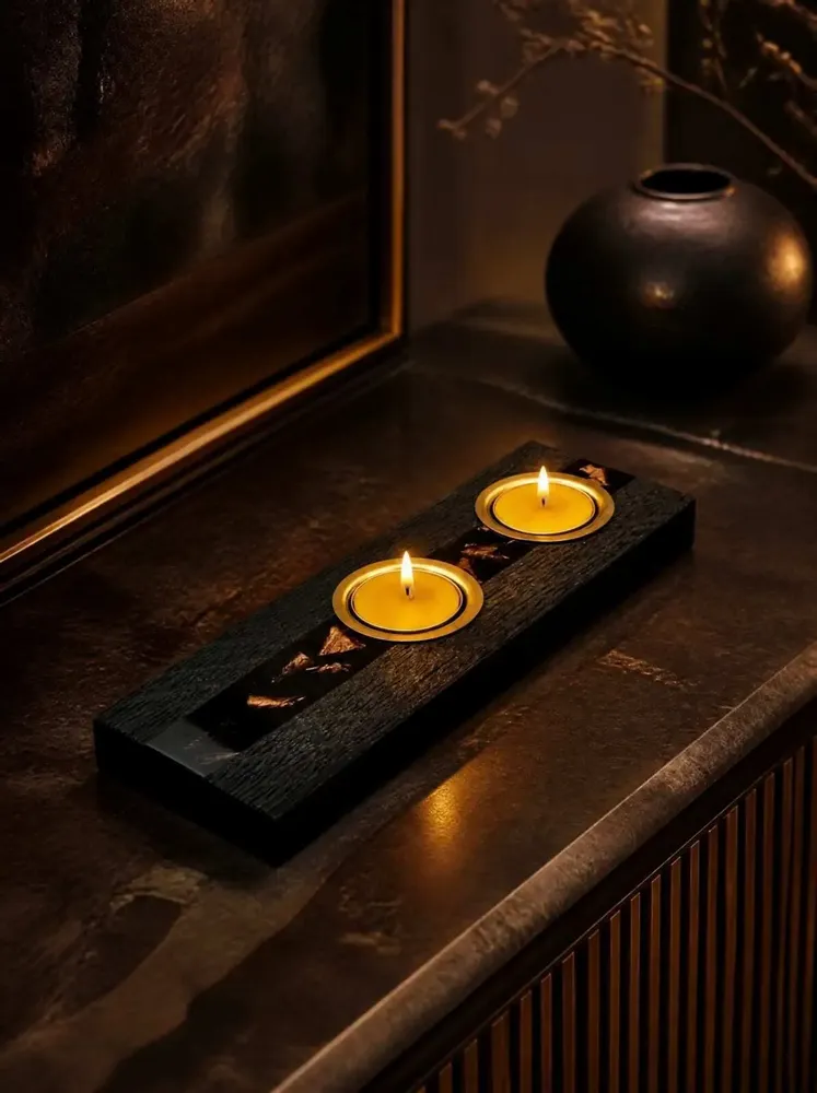 Bougeoirs et photophores  - Bougeoir en chêne noir et métal doré – pour 2 bougies chauffe-plat - GLASS4CANDLES