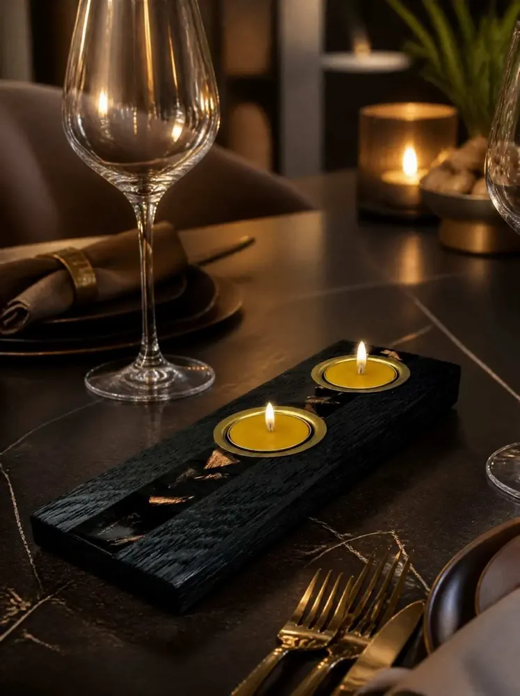 Bougeoirs et photophores  - Bougeoir en chêne noir et métal doré – pour 2 bougies chauffe-plat - GLASS4CANDLES