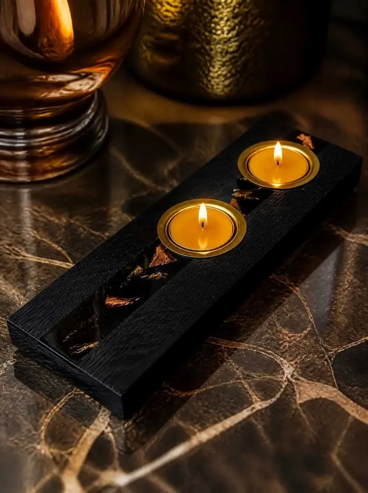 Bougeoirs et photophores  - Bougeoir en chêne noir et métal doré – pour 2 bougies chauffe-plat - GLASS4CANDLES
