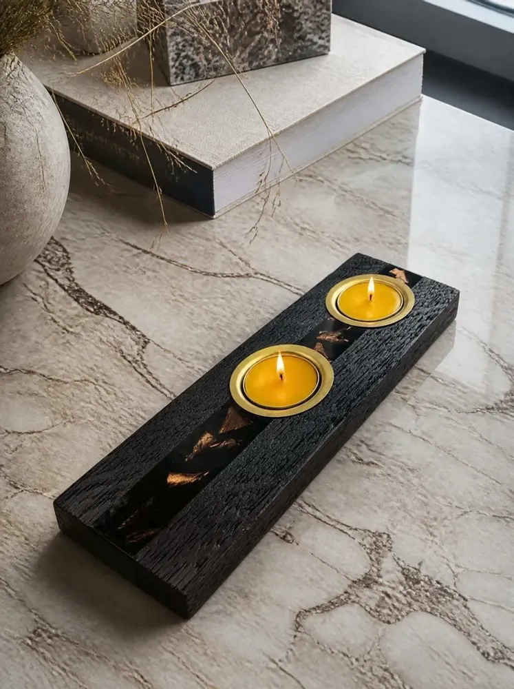 Bougeoirs et photophores  - Bougeoir en chêne noir et métal doré – pour 2 bougies chauffe-plat - GLASS4CANDLES
