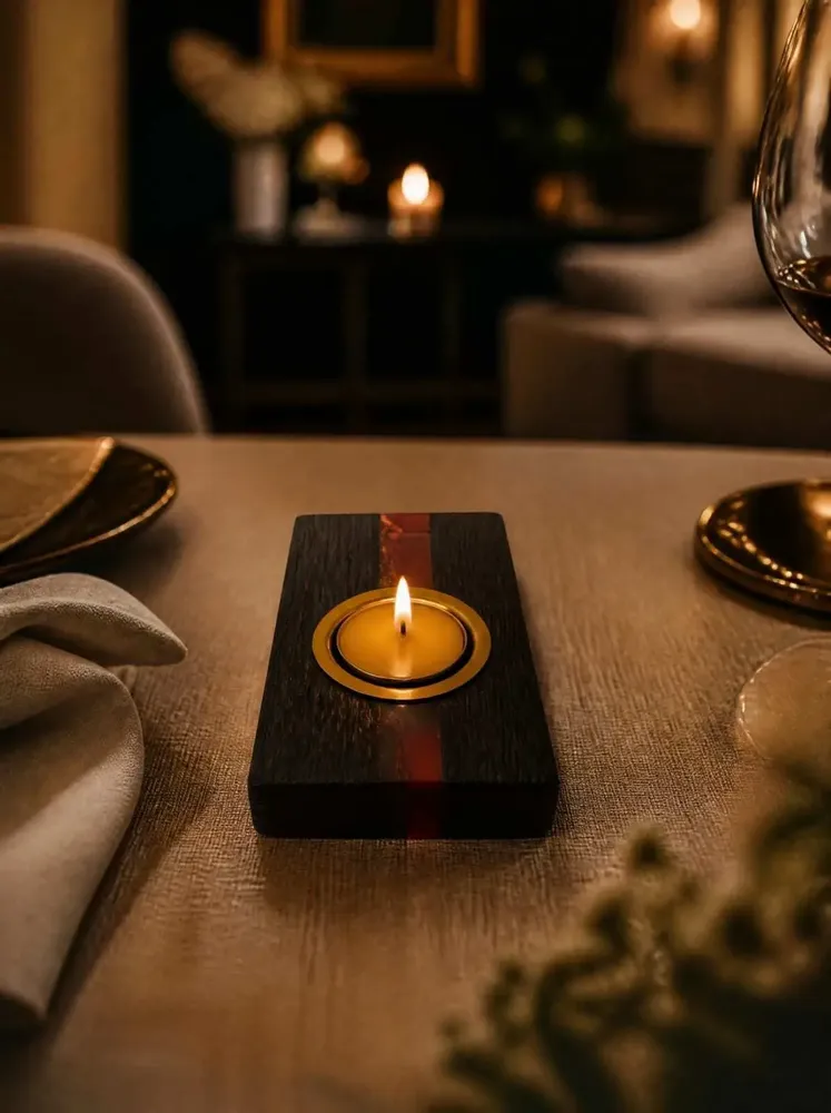 Bougeoirs et photophores  - Bougeoir en chêne noir et métal doré, 30x120x80 mm – bande rouge - GLASS4CANDLES