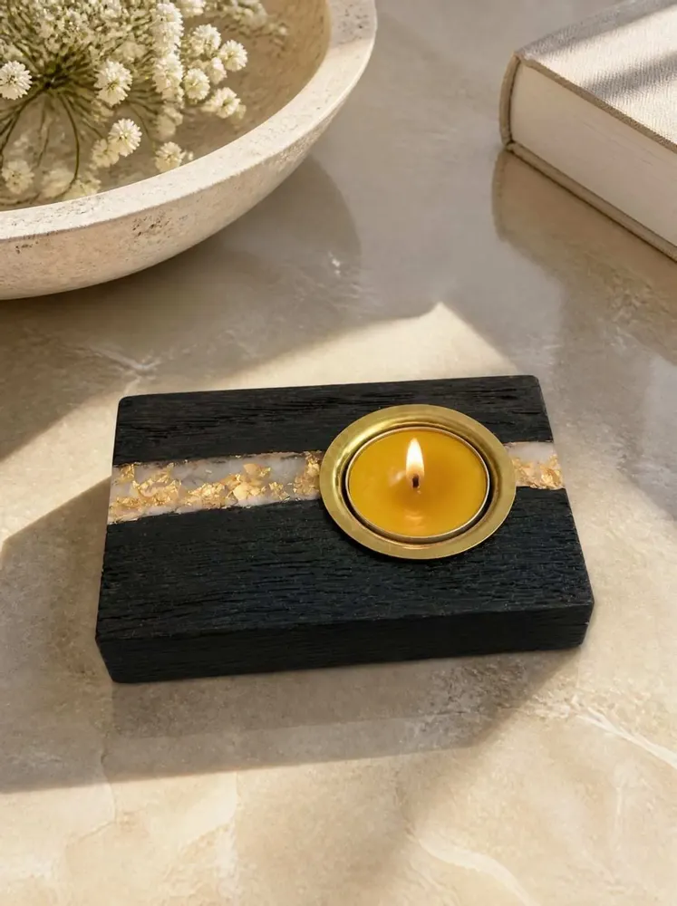 Bougeoirs et photophores  - Bougeoir en chêne noir et métal doré – bande argentée horizontale - GLASS4CANDLES