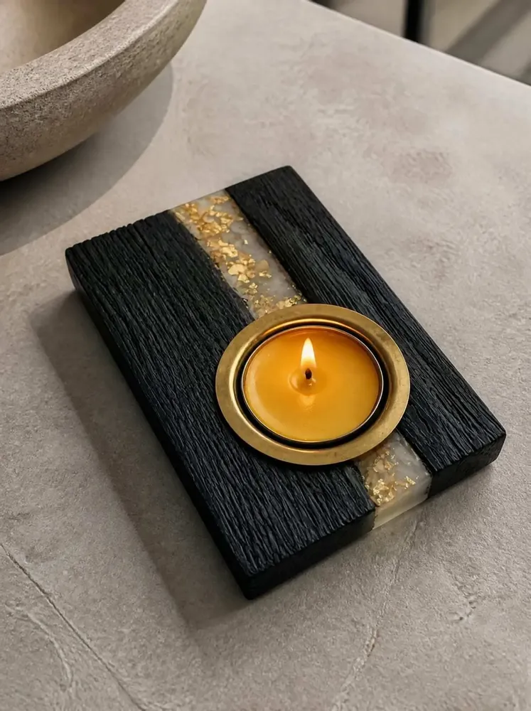 Candlesticks and candle holders - Bog Oak & Metal Tealight Holder – diagonal silver-tone stripe - GLASS4CANDLES