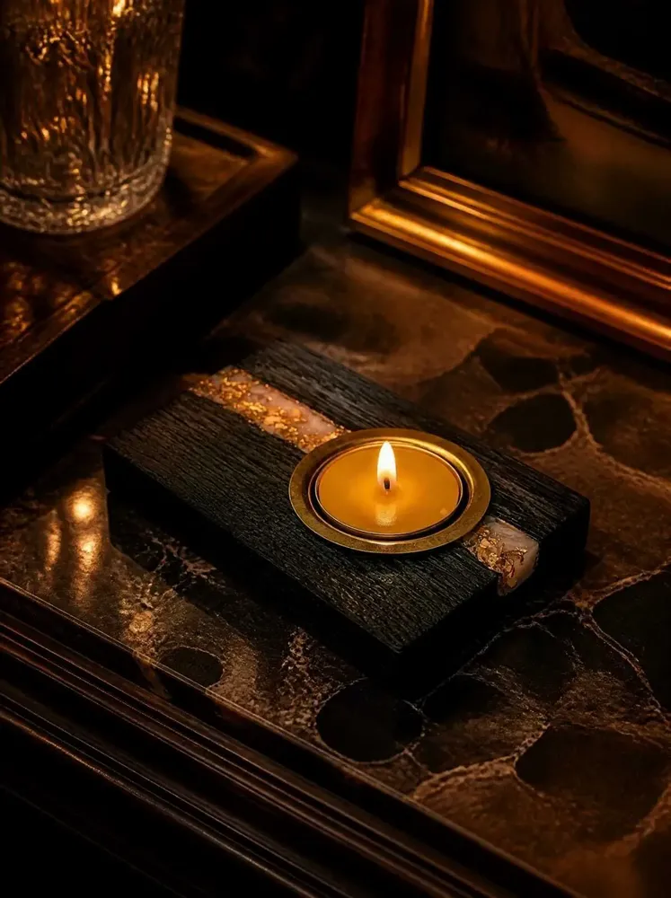 Candlesticks and candle holders - Bog Oak & Metal Tealight Holder – diagonal silver-tone stripe - GLASS4CANDLES