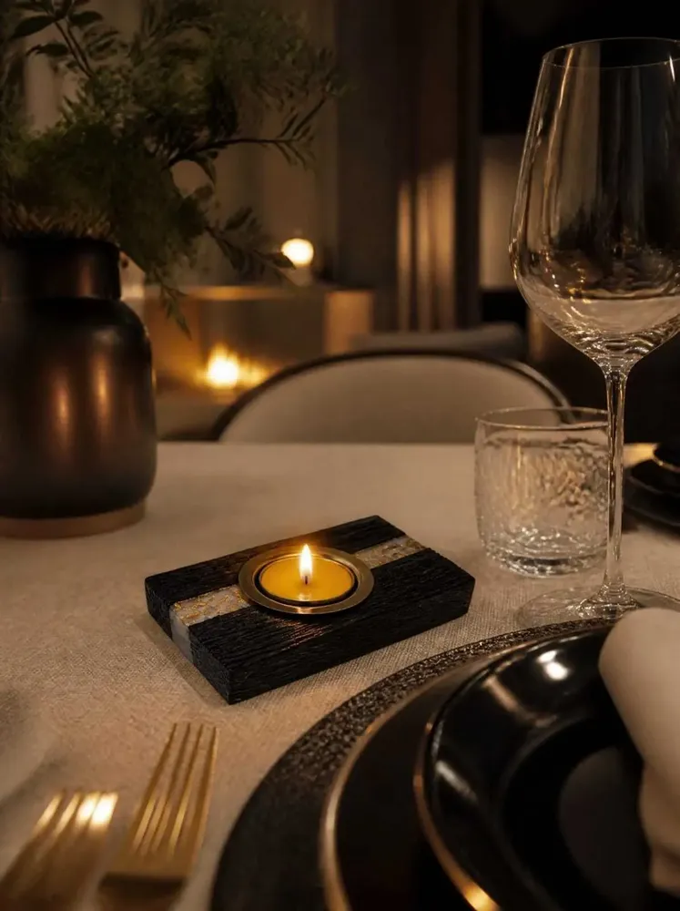 Candlesticks and candle holders - Bog Oak & Metal Tealight Holder – diagonal silver-tone stripe - GLASS4CANDLES