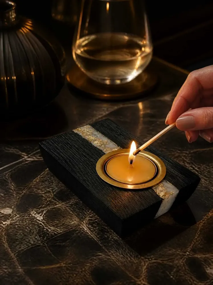 Candlesticks and candle holders - Bog Oak & Metal Tealight Holder – diagonal silver-tone stripe - GLASS4CANDLES