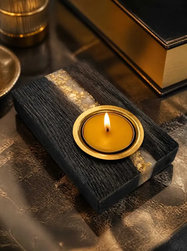 Candlesticks and candle holders - Bog Oak & Metal Tealight Holder – diagonal silver-tone stripe - GLASS4CANDLES