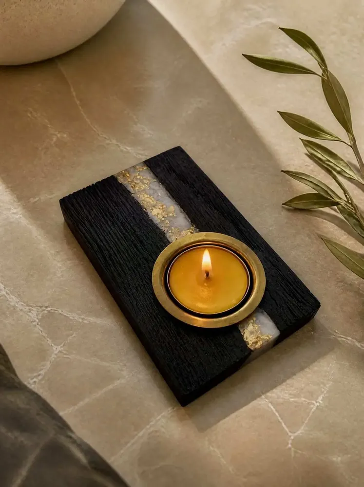 Candlesticks and candle holders - Bog Oak & Metal Tealight Holder – diagonal silver-tone stripe - GLASS4CANDLES