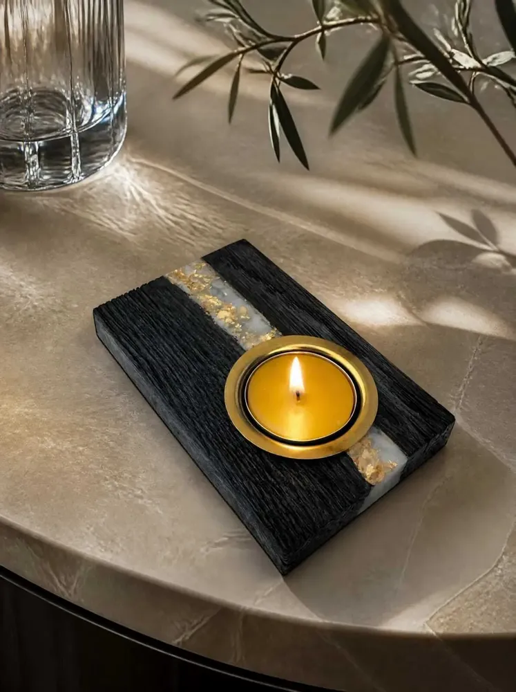 Candlesticks and candle holders - Bog Oak & Metal Tealight Holder – diagonal silver-tone stripe - GLASS4CANDLES