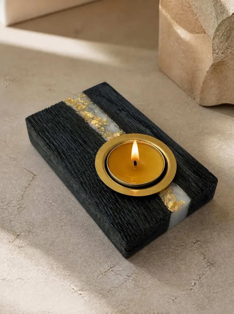 Candlesticks and candle holders - Bog Oak & Metal Tealight Holder – diagonal silver-tone stripe - GLASS4CANDLES