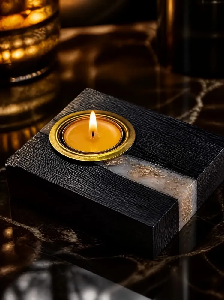 Bougeoirs et photophores  - Bougeoir en chêne noir et métal doré – bande argentée verticale - GLASS4CANDLES