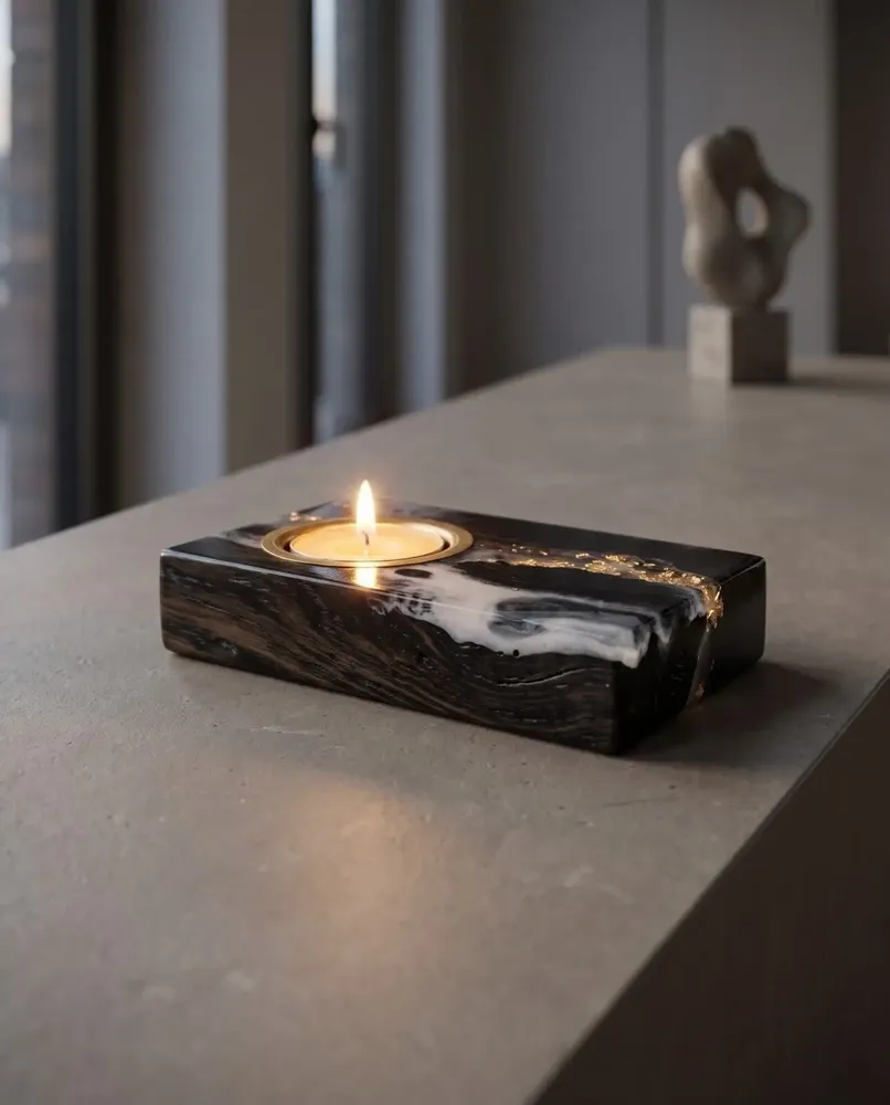Bougeoirs et photophores  - Bougeoir en chêne noir et métal doré, 30x120x80 mm – gris et noir - GLASS4CANDLES