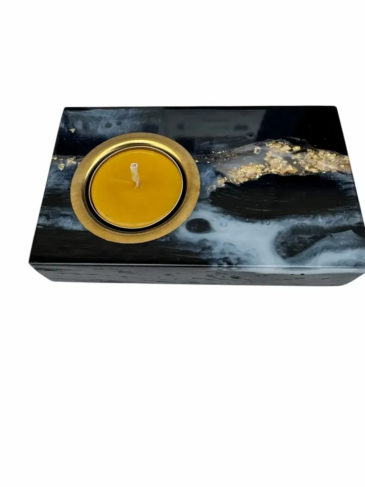 Bougeoirs et photophores  - Bougeoir en chêne noir et métal doré, 30x120x80 mm – gris et noir - GLASS4CANDLES