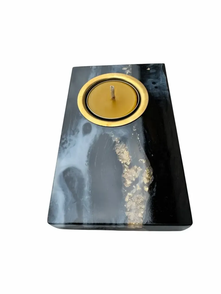 Bougeoirs et photophores  - Bougeoir en chêne noir et métal doré, 30x120x80 mm – gris et noir - GLASS4CANDLES