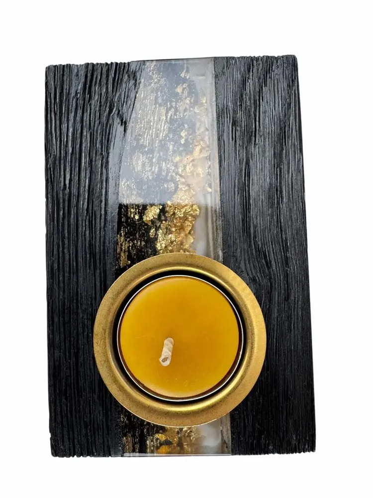 Bougeoirs et photophores  - Bougeoir en chêne noir et métal doré, 30x120x80 mm – gris et noir - GLASS4CANDLES
