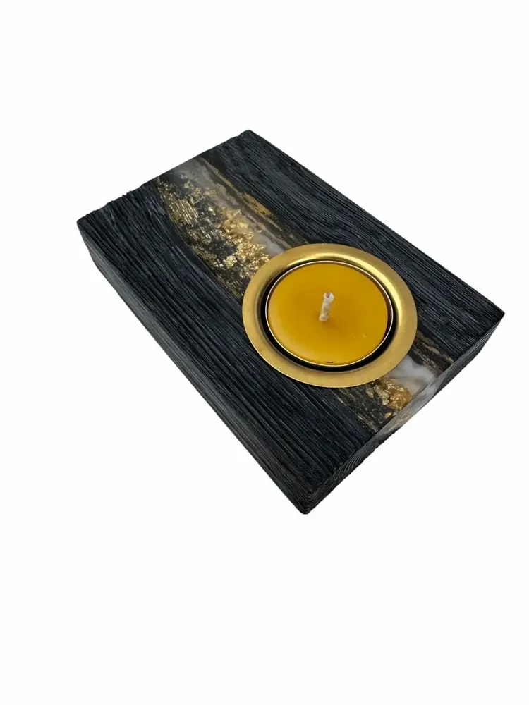 Bougeoirs et photophores  - Bougeoir en chêne noir et métal doré, 30x120x80 mm – gris et noir - GLASS4CANDLES