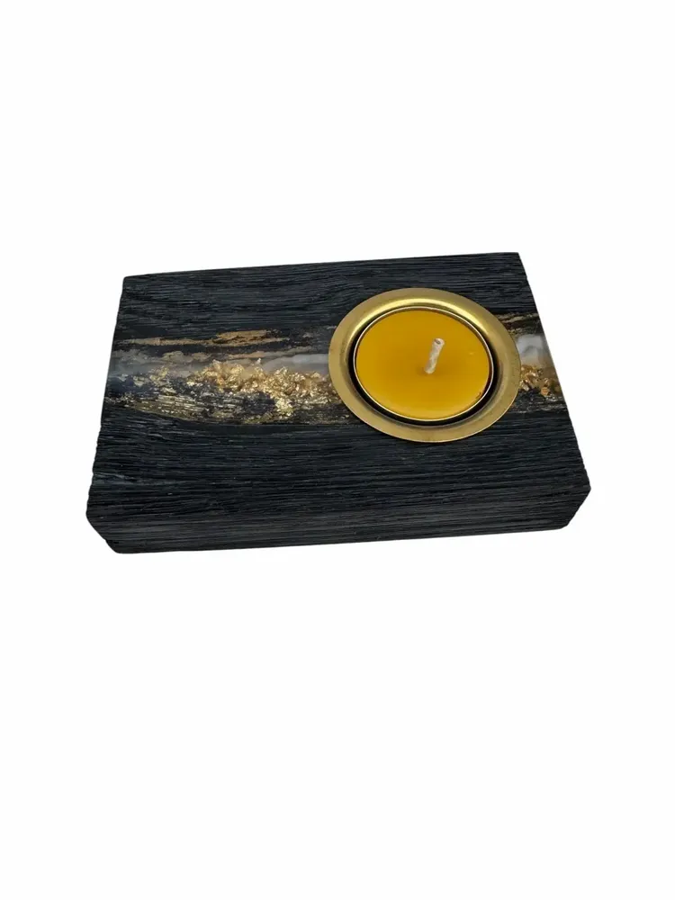 Bougeoirs et photophores  - Bougeoir en chêne noir et métal doré, 30x120x80 mm – gris et noir - GLASS4CANDLES
