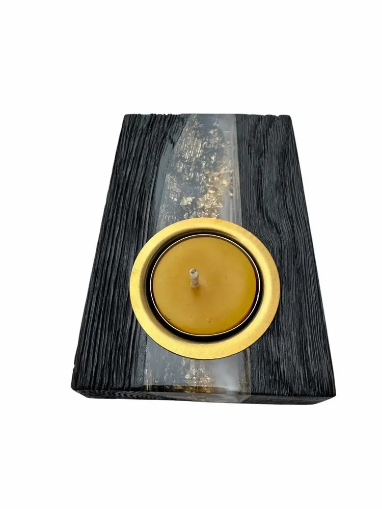 Bougeoirs et photophores  - Bougeoir en chêne noir et métal doré, 30x120x80 mm – gris et noir - GLASS4CANDLES