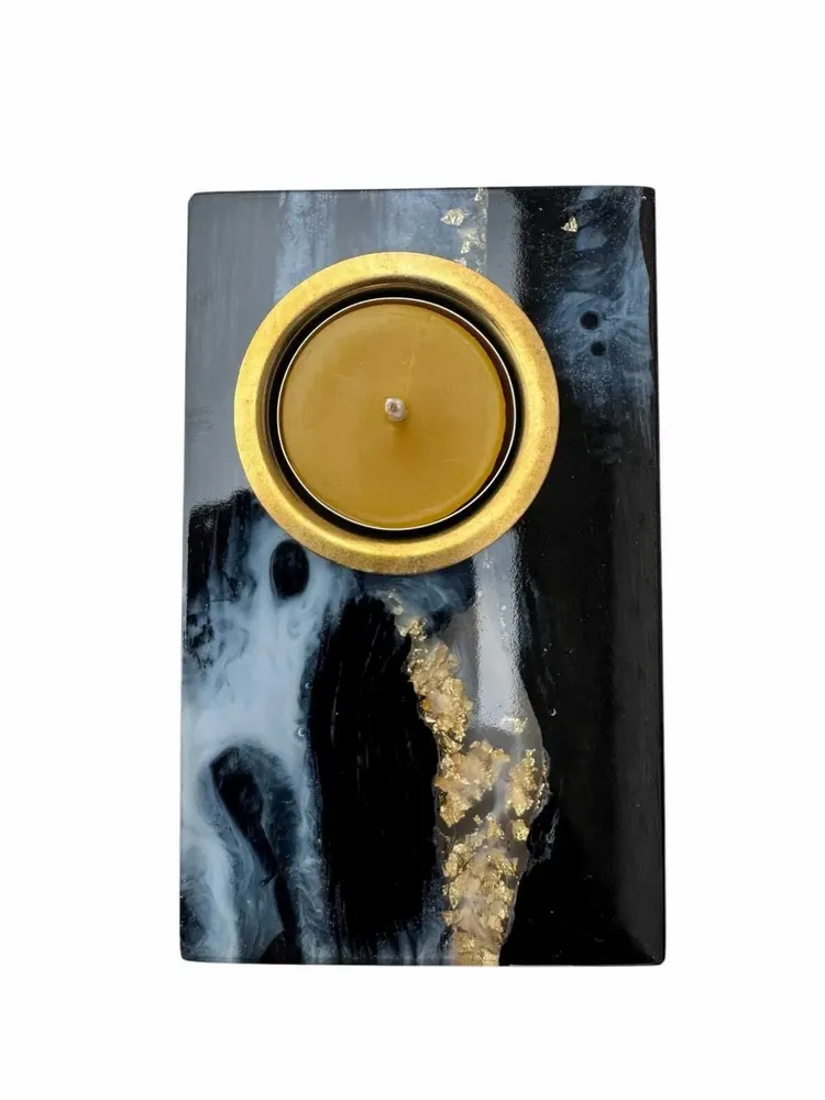 Bougeoirs et photophores  - Bougeoir en chêne noir et métal doré, 30x120x80 mm – modèle 1D0248 - GLASS4CANDLES