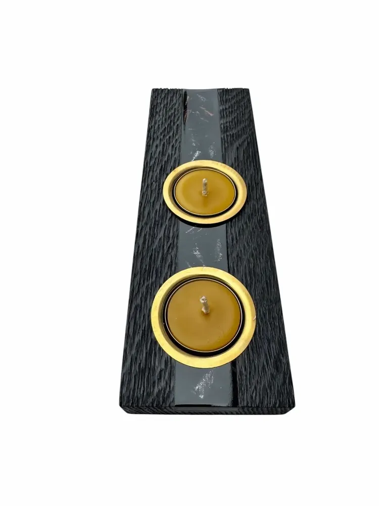 Bougeoirs et photophores  - Bougeoir en chêne noir et métal doré, 30x180x80 mm – modèle 2D0249 - GLASS4CANDLES