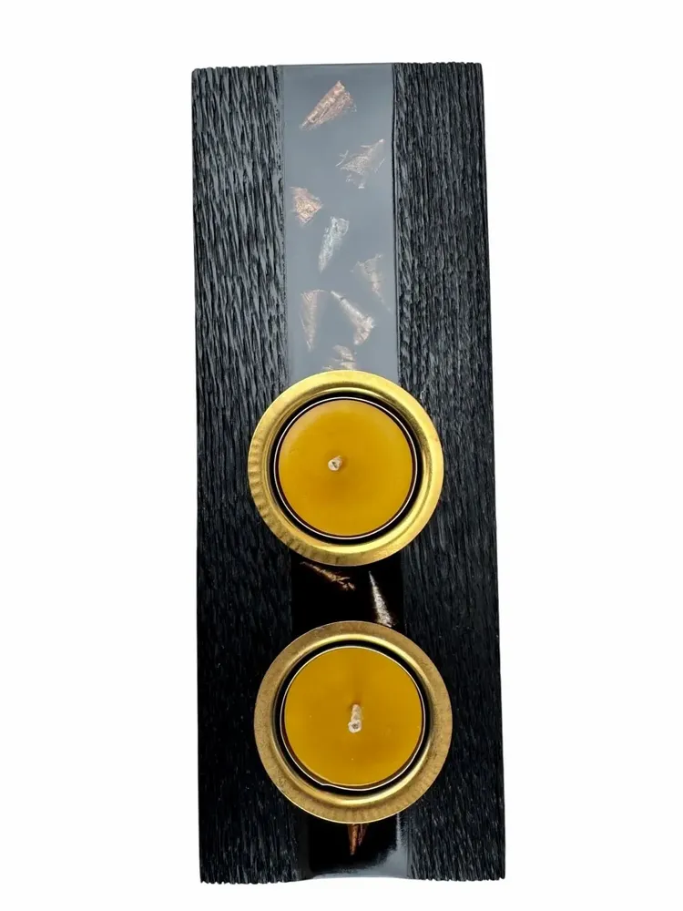 Bougeoirs et photophores  - Bougeoir en chêne noir et métal doré, 30x180x80 mm – modèle 2D0249 - GLASS4CANDLES