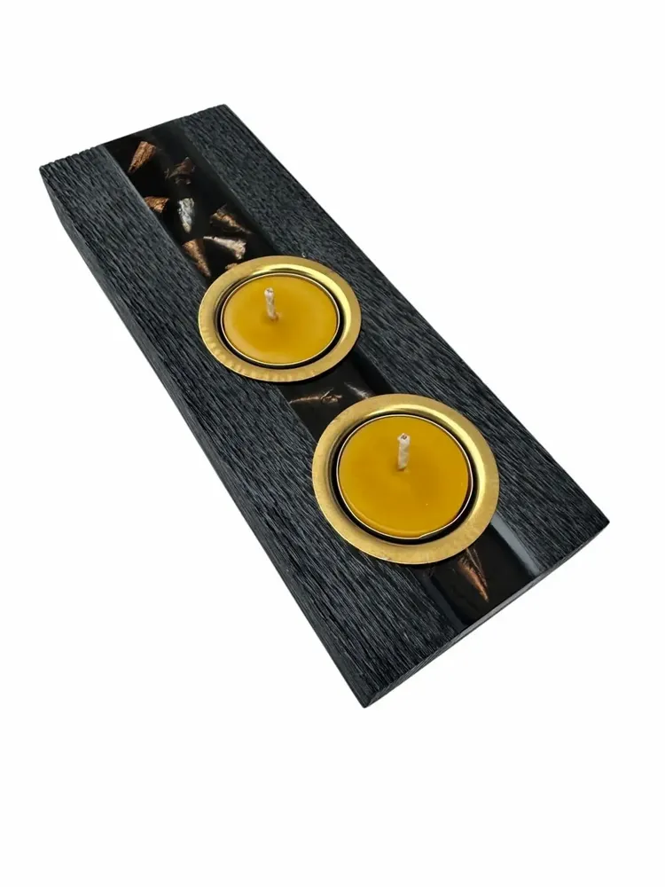 Bougeoirs et photophores  - Bougeoir en chêne noir et métal doré, 30x180x80 mm – modèle 2D0249 - GLASS4CANDLES