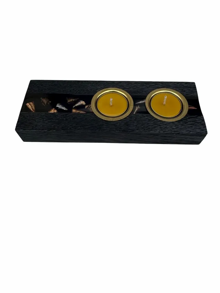 Bougeoirs et photophores  - Bougeoir en chêne noir et métal doré, 30x180x80 mm – modèle 2D0249 - GLASS4CANDLES