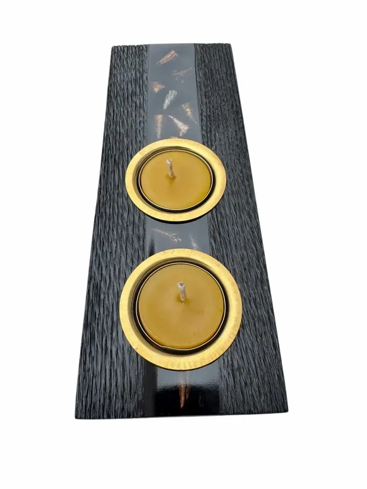 Bougeoirs et photophores  - Bougeoir en chêne noir et métal doré, 30x180x80 mm – modèle 2D0249 - GLASS4CANDLES