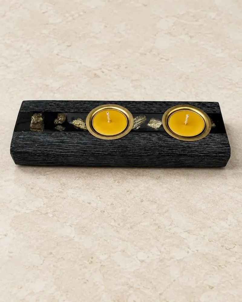 Bougeoirs et photophores  - Bougeoir en chêne noir et métal doré, 30x180x80 mm – modèle 2D0250 - GLASS4CANDLES