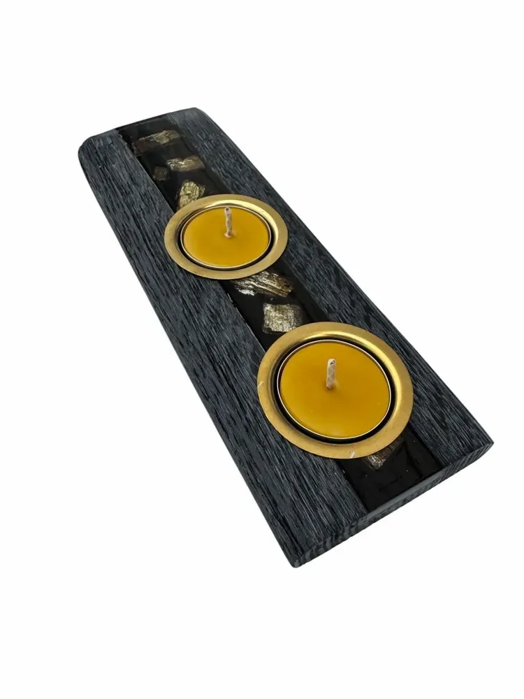 Bougeoirs et photophores  - Bougeoir en chêne noir et métal doré, 30x180x80 mm – modèle 2D0250 - GLASS4CANDLES