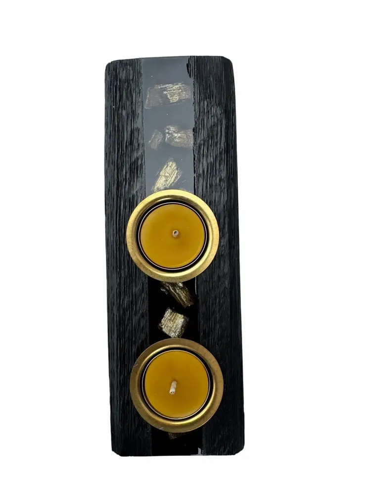Bougeoirs et photophores  - Bougeoir en chêne noir et métal doré, 30x180x80 mm – modèle 2D0250 - GLASS4CANDLES