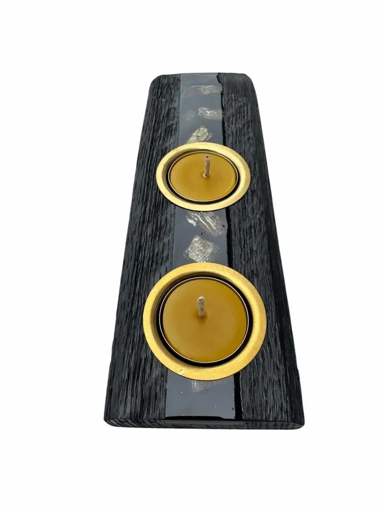 Bougeoirs et photophores  - Bougeoir en chêne noir et métal doré, 30x180x80 mm – modèle 2D0250 - GLASS4CANDLES