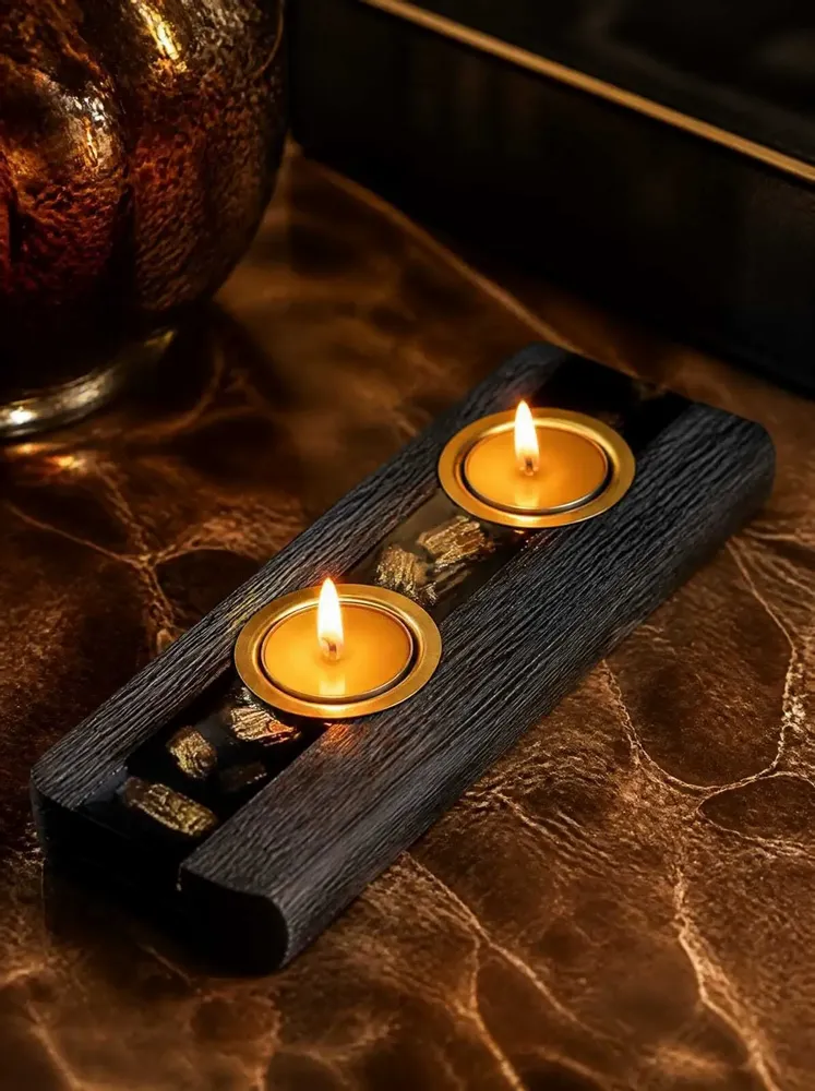 Bougeoirs et photophores  - Bougeoir en chêne noir et métal doré, 30x180x80 mm – modèle 2D0250 - GLASS4CANDLES