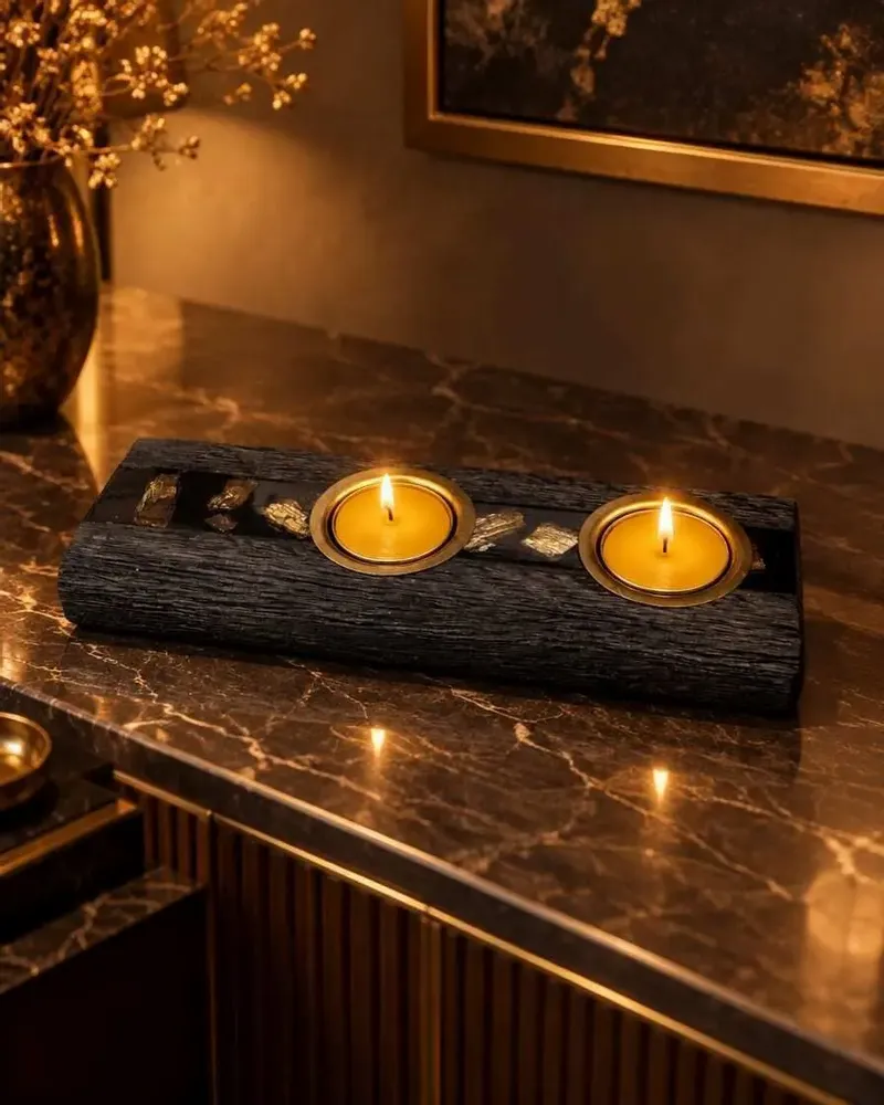 Bougeoirs et photophores  - Bougeoir en chêne noir et métal doré, 30x180x80 mm – modèle 2D0250 - GLASS4CANDLES