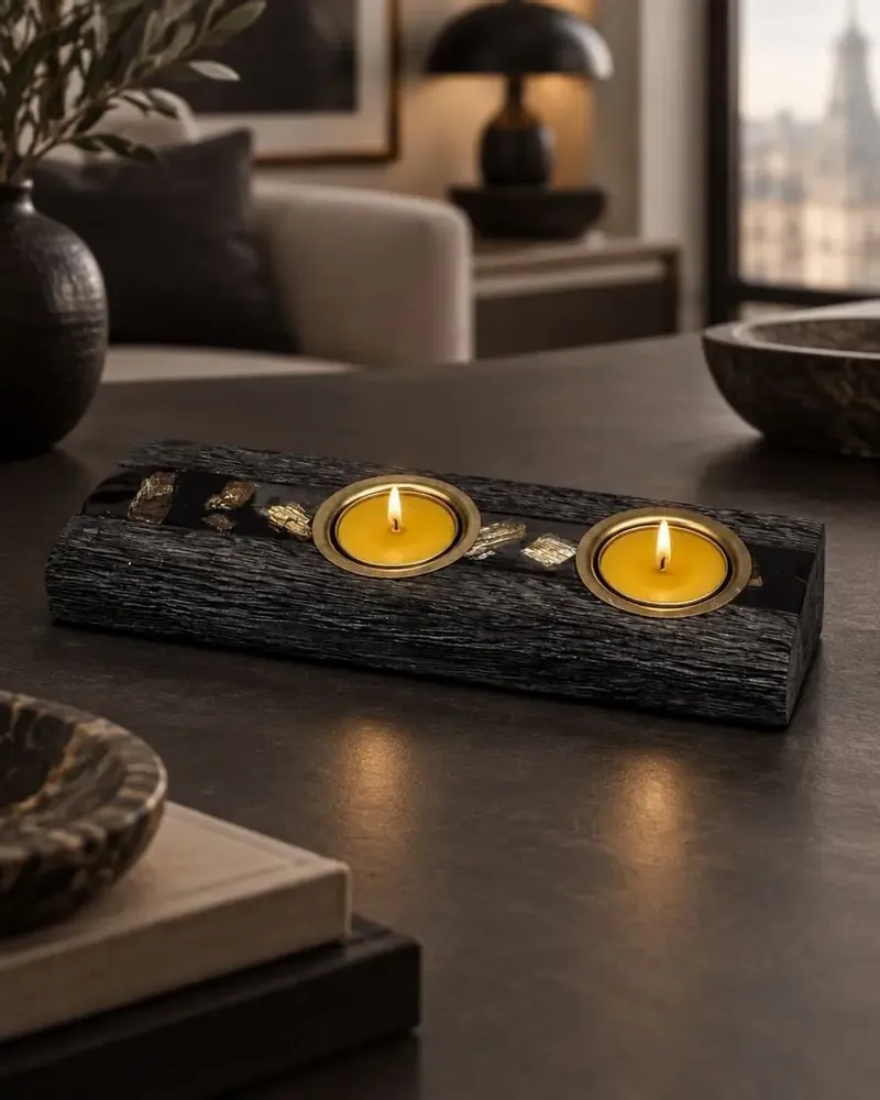 Bougeoirs et photophores  - Bougeoir en chêne noir et métal doré, 30x180x80 mm – modèle 2D0250 - GLASS4CANDLES