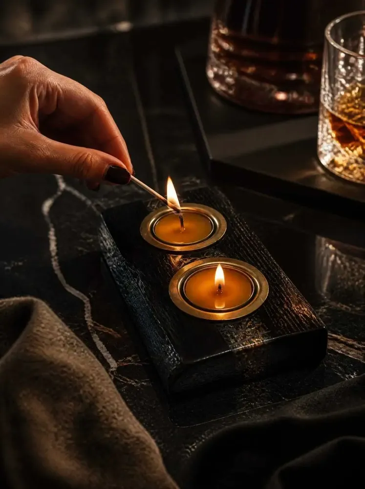 Bougeoirs et photophores  - Bougeoir en chêne noir et métal doré – bande dorée latérale - GLASS4CANDLES