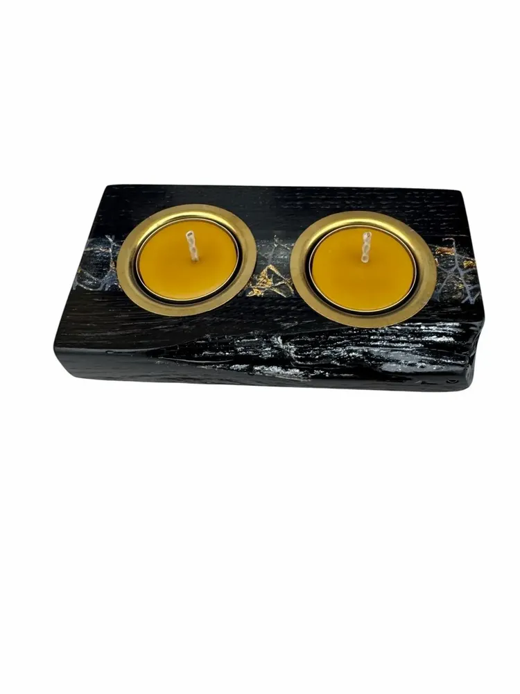 Bougeoirs et photophores  - Bougeoir en chêne noir et métal doré – bande dorée latérale - GLASS4CANDLES