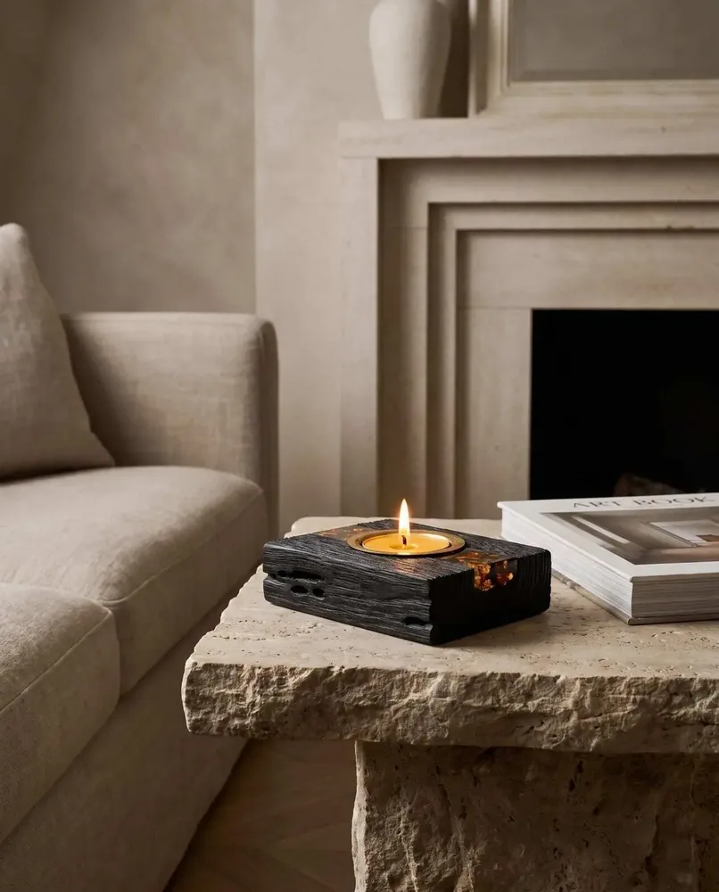 Candlesticks and candle holders - Bog Oak & Gold-tone Metal Tealight Holder – diagonal honey-tone stripe - GLASS4CANDLES