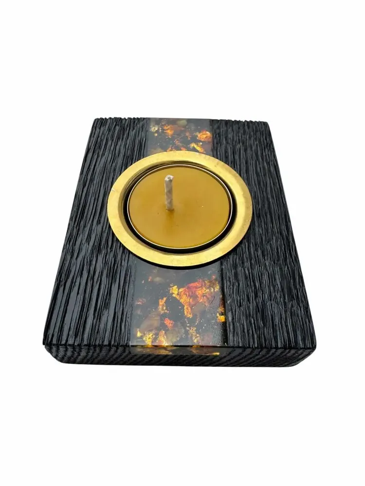 Candlesticks and candle holders - Bog Oak & Gold-tone Metal Tealight Holder – diagonal honey-tone stripe - GLASS4CANDLES