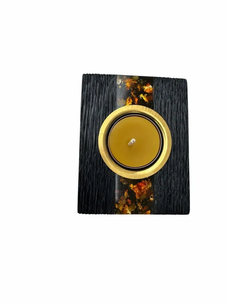 Candlesticks and candle holders - Bog Oak & Gold-tone Metal Tealight Holder – diagonal honey-tone stripe - GLASS4CANDLES