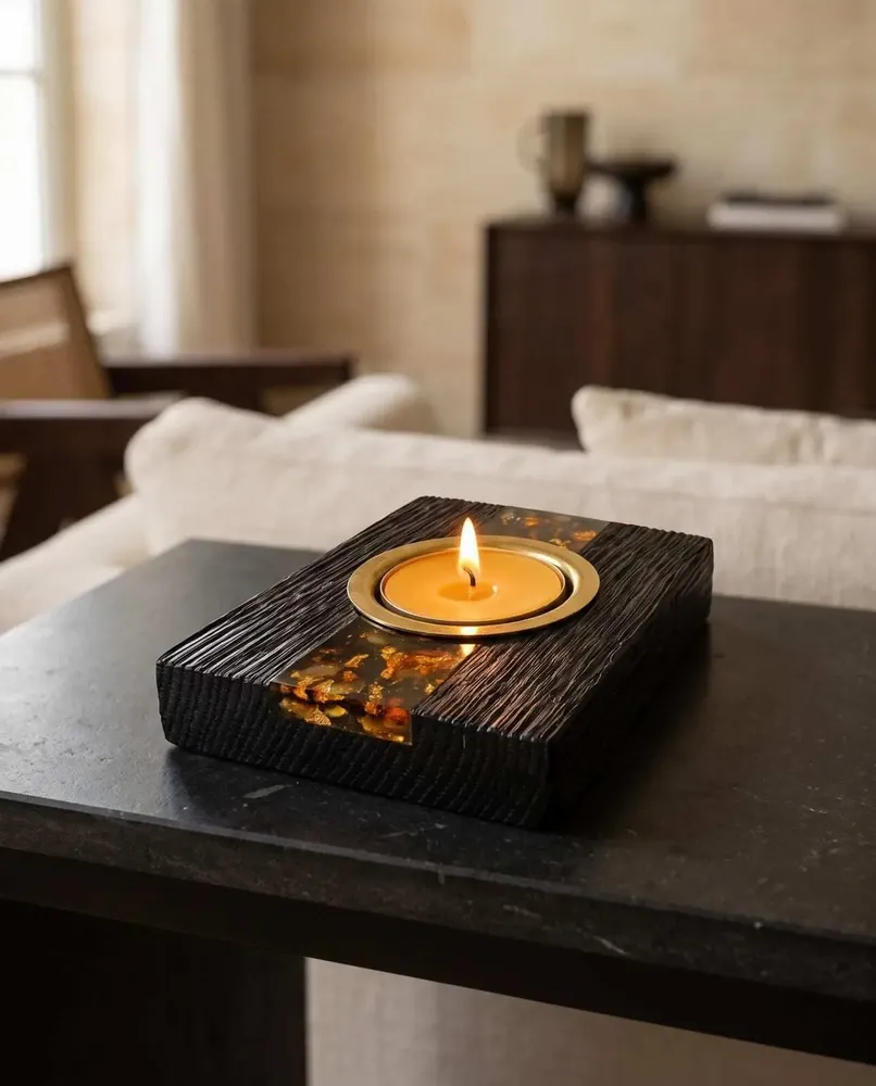 Candlesticks and candle holders - Bog Oak & Gold-tone Metal Tealight Holder – diagonal honey-tone stripe - GLASS4CANDLES