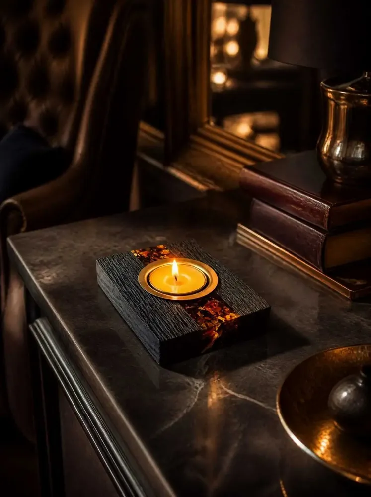 Candlesticks and candle holders - Bog Oak & Gold-tone Metal Tealight Holder – diagonal honey-tone stripe - GLASS4CANDLES