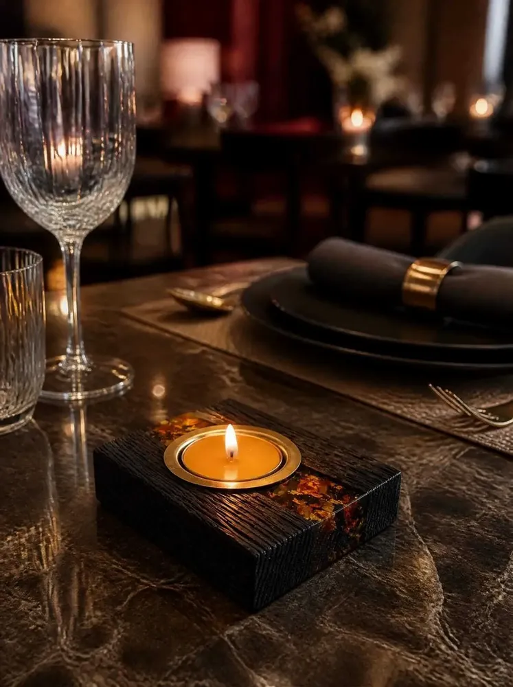 Candlesticks and candle holders - Bog Oak & Gold-tone Metal Tealight Holder – diagonal honey-tone stripe - GLASS4CANDLES