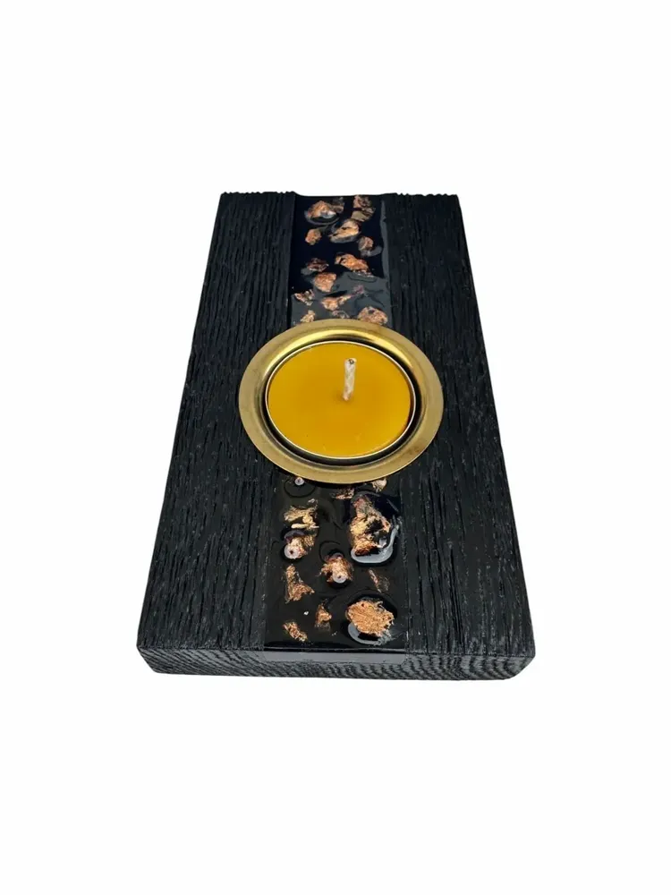 Bougeoirs et photophores  - Bougeoir en chêne noir et métal doré, 30x100x80 mm – bande horizontale - GLASS4CANDLES