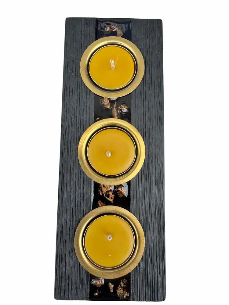 Bougeoirs et photophores  - Bougeoir en chêne noir et métal doré, 30x100x80 mm – bande horizontale - GLASS4CANDLES